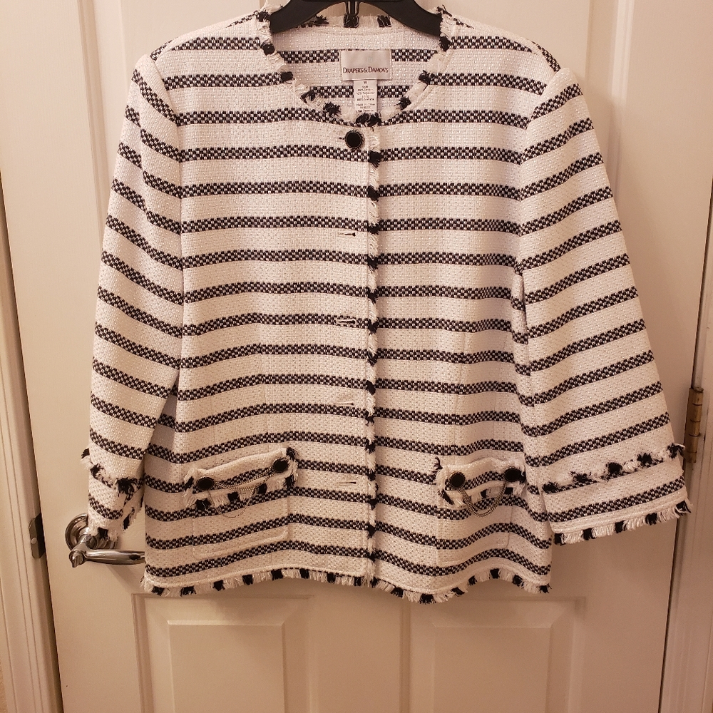 Draper's & Damon's Women's Cotton Blend Button-Down White & Black Striped Jacket